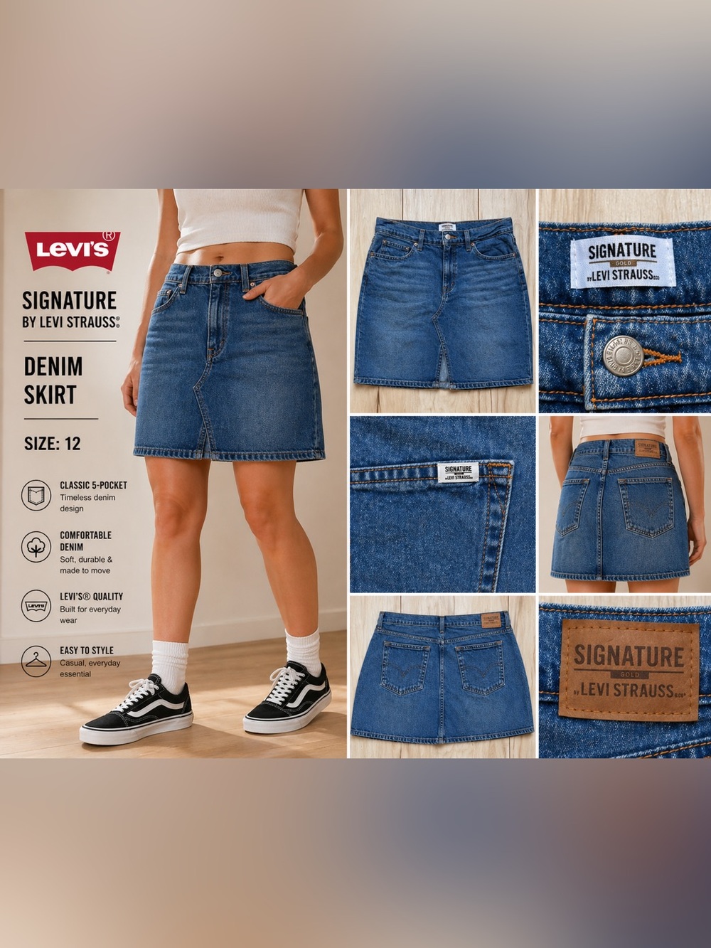 Levi Strauss Signature Denim Skirt Size 12 Blue Jean Skirt Classic 5 Pocket Mid
